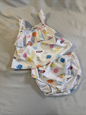 Girls White Tankini Set with Multicolor Fish Print